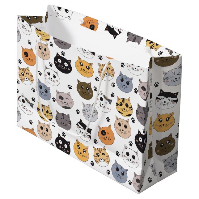 Colorful Cute Funny Cats & Paw Pattern Large Gift Bag (Front Angled)