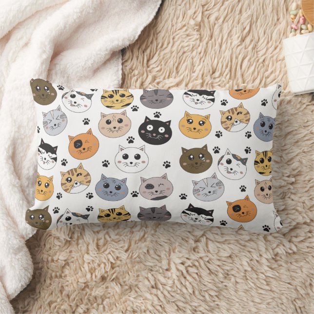 Colorful Cute Funny Cats & Paw Pattern Lumbar Pillow (Blanket)