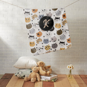 Colorful Cute Funny Cats & Paw Pattern Monogram Baby Blanket