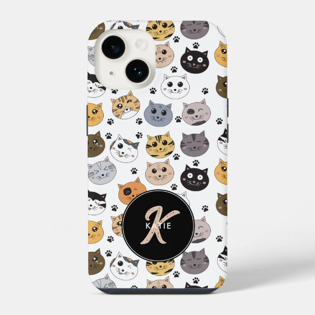 Colorful Cute Funny Cats & Paw Pattern Monogram Iphone Case (Back)