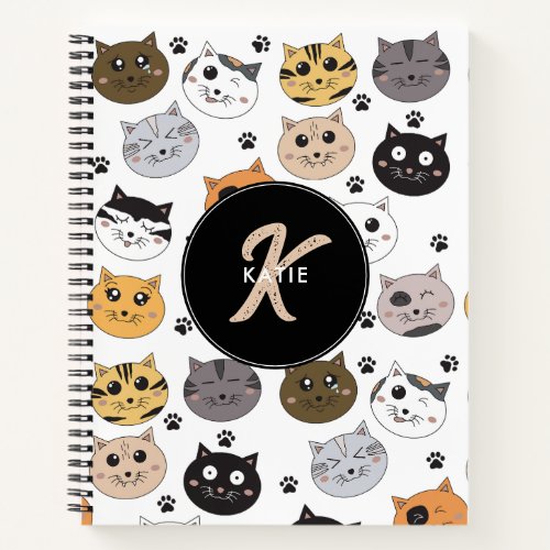 Colorful Cute Funny Cats  Paw Pattern Monogram Notebook