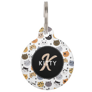 Colorful Cute Funny Cats & Paw Pattern Monogram Pet ID Tag