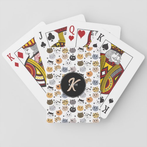 Colorful Cute Funny Cats  Paw Pattern Monogram Poker Cards