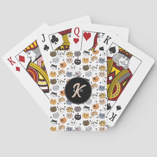 Colorful Cute Funny Cats & Paw Pattern Monogram Poker Cards (Back)