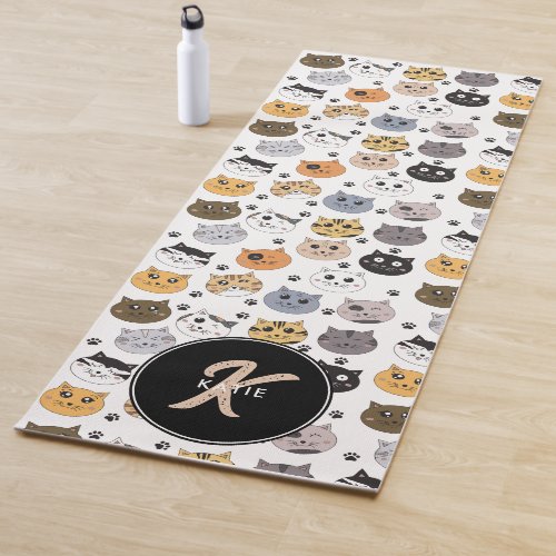 Colorful Cute Funny Cats  Paw Pattern Monogram Yoga Mat