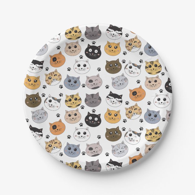 Colorful Cute Funny Cats & Paw Pattern Paper Plates (Front)