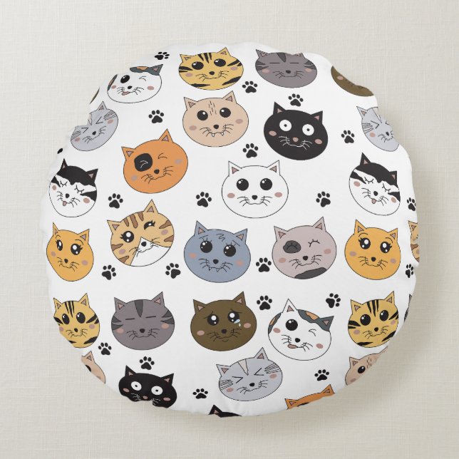 Colorful Cute Funny Cats & Paw Pattern Round Pillow (Front)