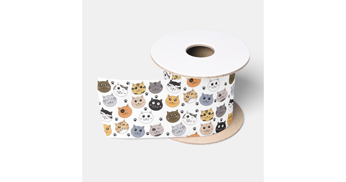 Colorful Cute Funny Cats & Paw Pattern Satin Ribbon | Zazzle