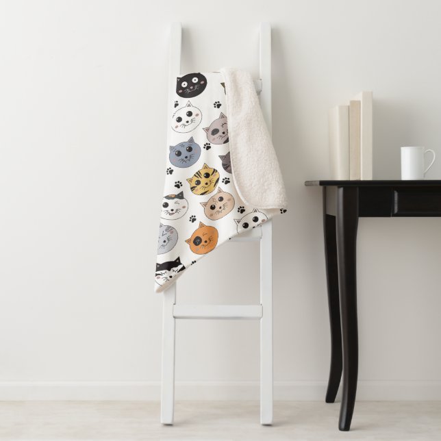 Colorful Cute Funny Cats & Paw Pattern Sherpa Blanket (In Situ)