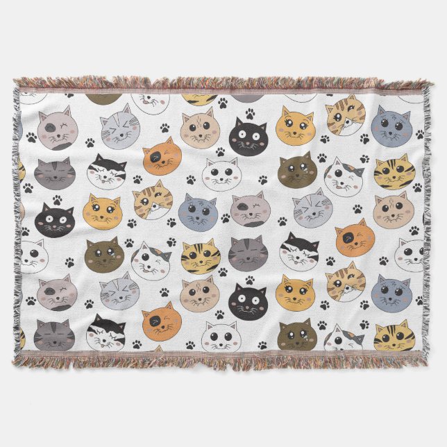 Colorful Cute Funny Cats & Paw Pattern Throw Blanket (Front)