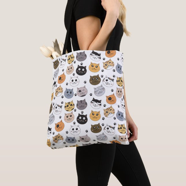 Colorful Cute Funny Cats & Paw Pattern Tote Bag (Close Up)