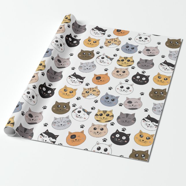 Colorful Cute Funny Cats & Paw Pattern Wrapping Paper (Unrolled)