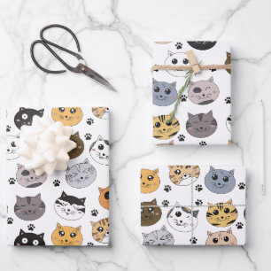 Colorful Cute Funny Cats & Paw Pattern Wrapping Paper Sheets
