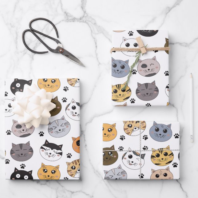 Colorful Cute Funny Cats & Paw Pattern Wrapping Paper Sheets (Front)