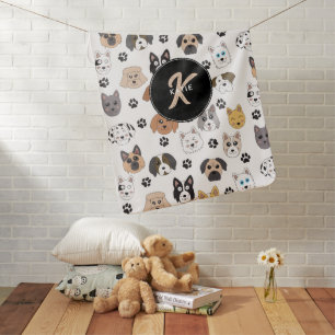 Colorful Cute Funny Dogs & Dog Paw Monogram Baby Blanket