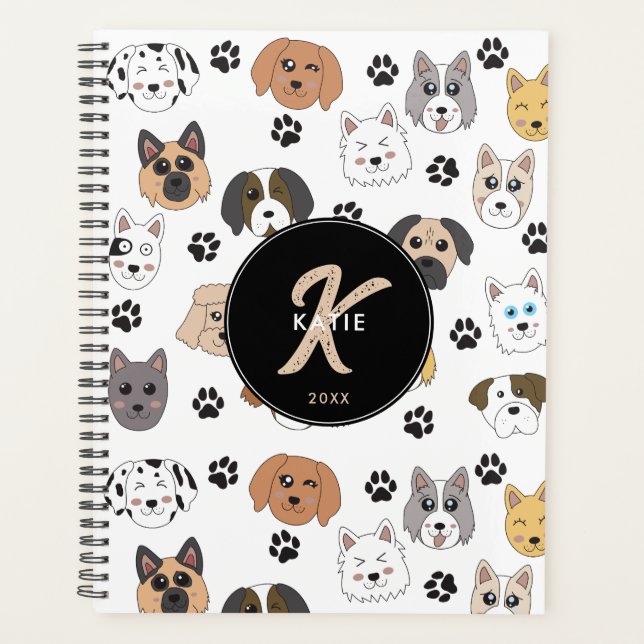 Colorful Cute Funny Dogs & Dog Paw Monogram Planner (Front)