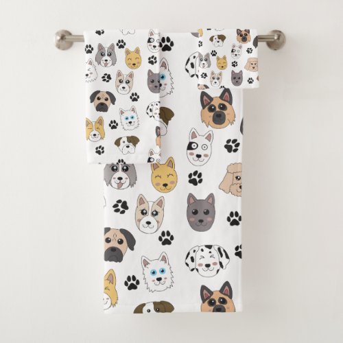 Colorful Cute Funny Dogs  Dog Paw Pattern Bath Towel Set
