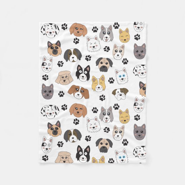 Colorful Cute Funny Dogs & Dog Paw Pattern Fleece Blanket (Front)