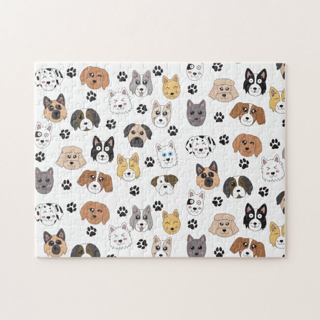 Colorful Cute Funny Dogs & Dog Paw Pattern Jigsaw Puzzle (Horizontal)