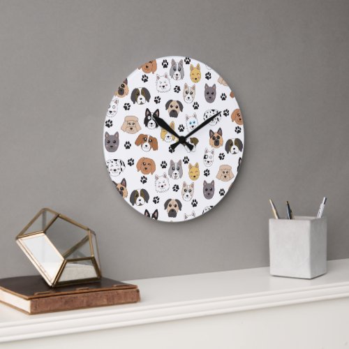 Colorful Cute Funny Dogs  Dog Paw Pattern Large Clock