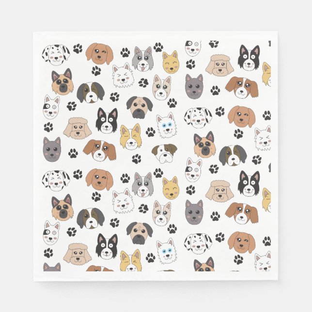 Colorful Cute Funny Dogs & Dog Paw Pattern Napkins (Front)