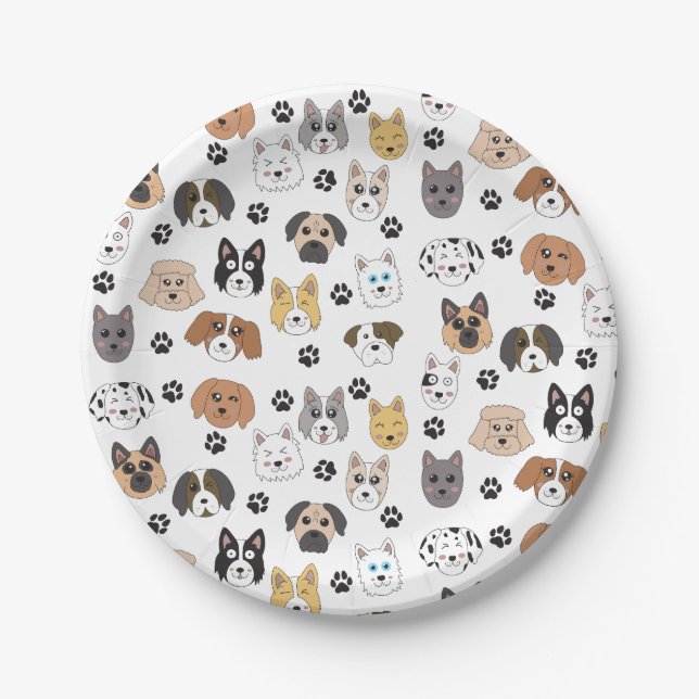 Colorful Cute Funny Dogs & Dog Paw Pattern Paper Plates (Front)