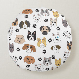 Colorful Cute Funny Dogs & Dog Paw Pattern Round Pillow