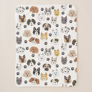 Colorful Cute Funny Dogs & Dog Paw Pattern Sherpa Blanket