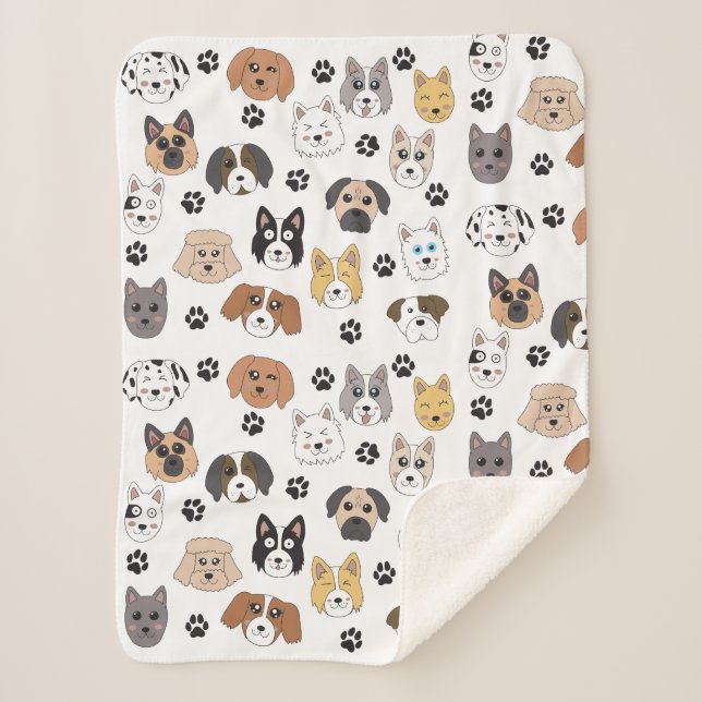 Colorful Cute Funny Dogs & Dog Paw Pattern Sherpa Blanket (Front)