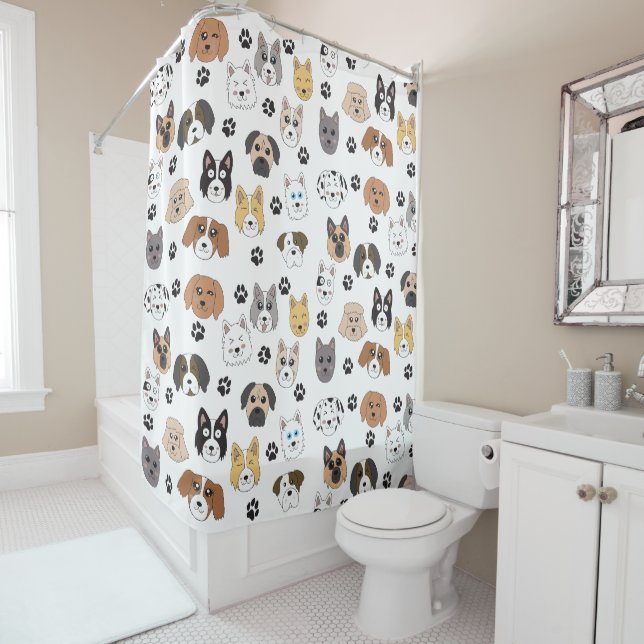 Colorful Cute Funny Dogs & Dog Paw Pattern Shower Curtain (In Situ)