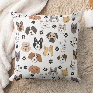 Colorful Cute Funny Dogs & Dog Paw Pattern Throw Pillow