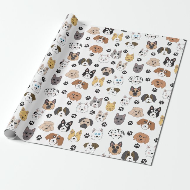Colorful Cute Funny Dogs & Dog Paw Pattern Wrapping Paper (Unrolled)