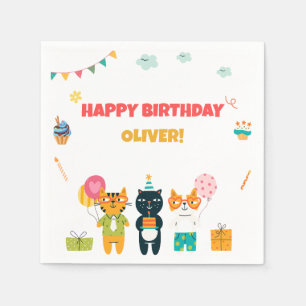 Colorful Cute Funny Kitty Cats Happy Birthday Napkins