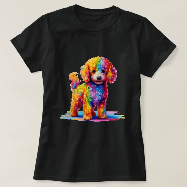Colorful Cute Funny Rainbow Dog Poodle T-Shirt (Design Front)