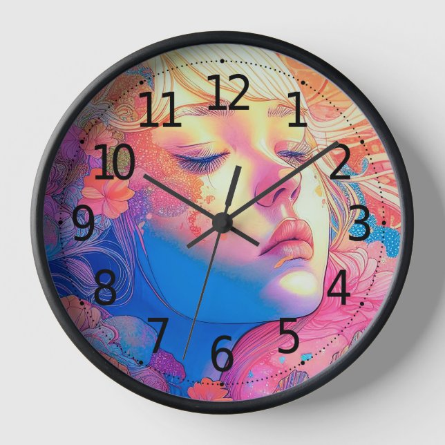 Colorful Cute Girl Surrounded by Flowers Artwork | Clock (Front)