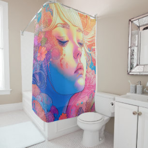 Colorful Cute Girl Surrounded by Flowers Artwork Shower Curtain