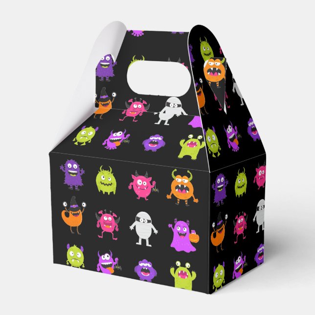 Colorful Cute Halloween Monsters on Black Favor Boxes (Front Side)