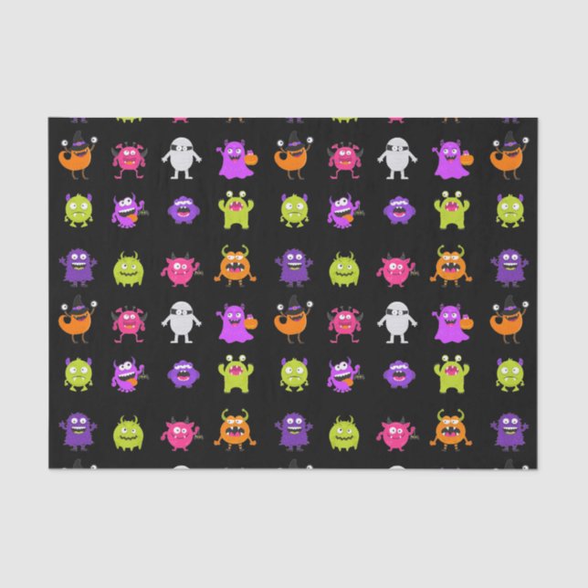 Colorful Cute Halloween Monsters on Black Tissue Paper (Front)