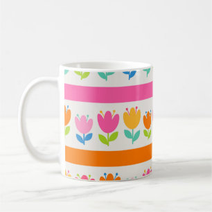 Colorful cute hand drawn tulips seamless pattern w coffee mug