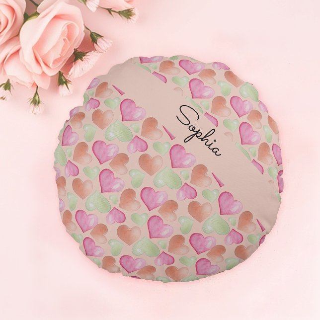 Colorful Cute Hearts Watercolor Pattern Round Pillow (Creator Uploaded)