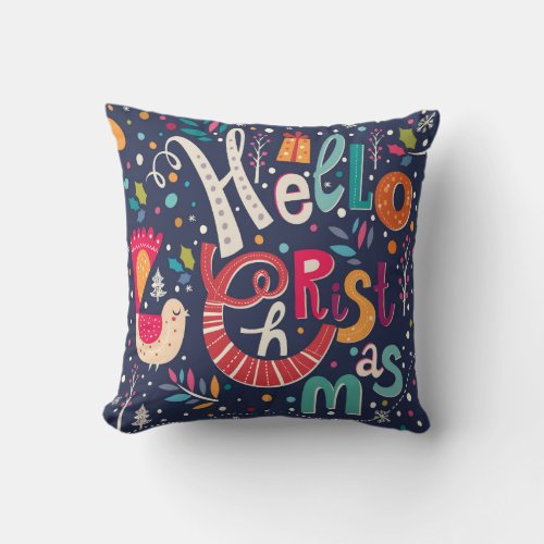 Colorful Cute Hello Christmas Text Design Throw Pillow