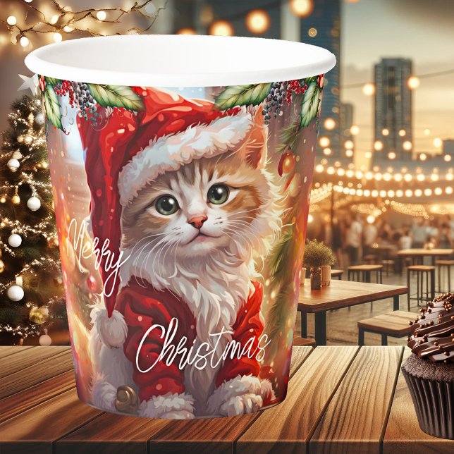 Colorful Cute Kitten Christmas Paper Cups (Paper cup featuring a cute kitten in a festive Christmas outfit)