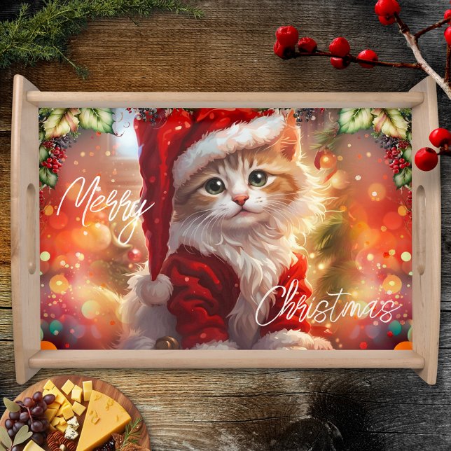 Colorful Cute Kitten Christmas Serving Tray (Serving tray featuring a cute kitten in Christmas outfit.)