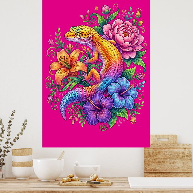 Colorful Cute Leopard Gecko Flowers Rainbow Poster (Kitchen)