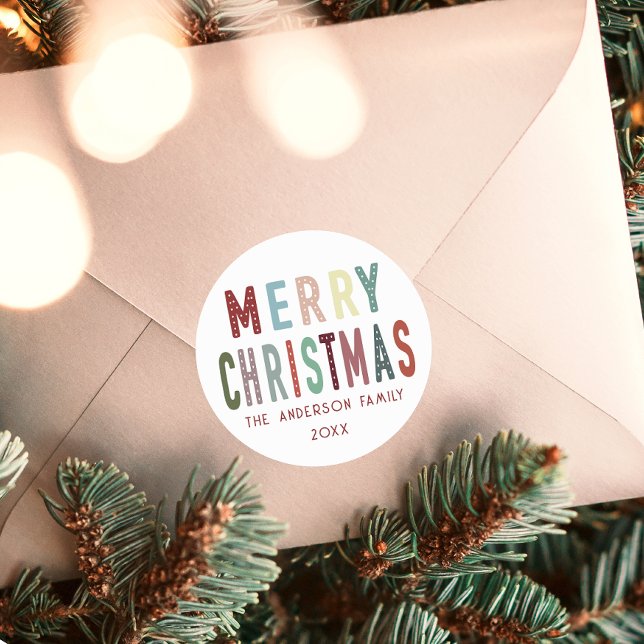 Colorful Cute Merry Christmas Festive  Classic Round Sticker (Creator Uploaded)