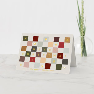 Colorful Cute Merry Christmas Vintage Checkerboard Foil Holiday Card
