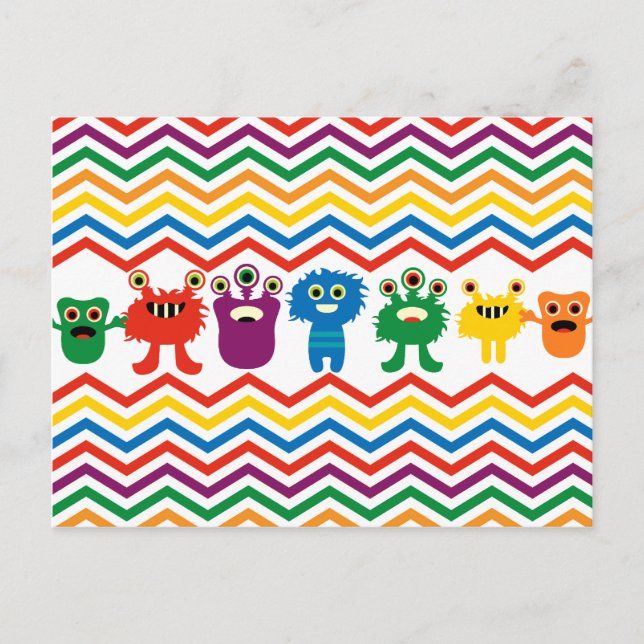 Colorful Cute Monsters Fun Chevron Striped Pattern Postcard (Front)