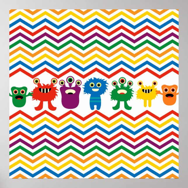 Colorful Cute Monsters Fun Chevron Striped Pattern Poster (Front)