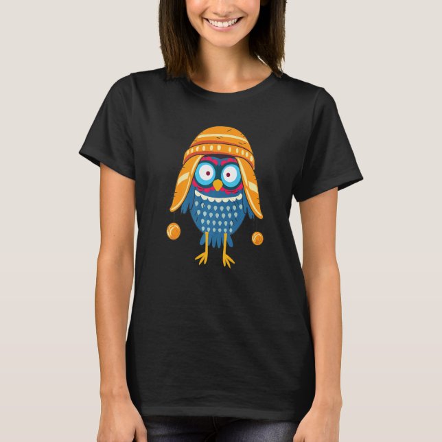 Colorful Cute Owl  Beanie Hat Earflaps T-Shirt (Front)
