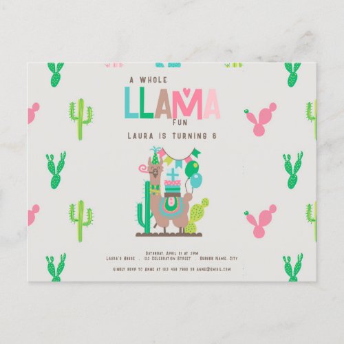 Colorful cute party llama invitation postcard